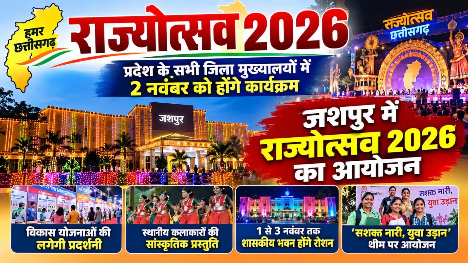 राज्योत्सव 2026: जशपुर में श्याम बिहारी जायसवाल होंगे मुख्य अतिथि, 2 नवंबर को होगा आयोजन प्रदेश के सभी जिला मुख्यालयों में राज्य स्थापना दिवस के कार्यक्रम, ‘सशक्त नारी, युवा उड़ान’ थीम पर सजेगा आयोजन स्थल।